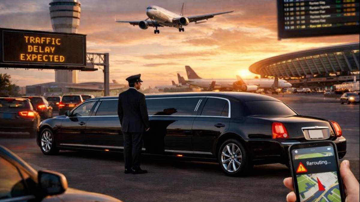 Luxury airport limo SUV with luggage at the terminal.