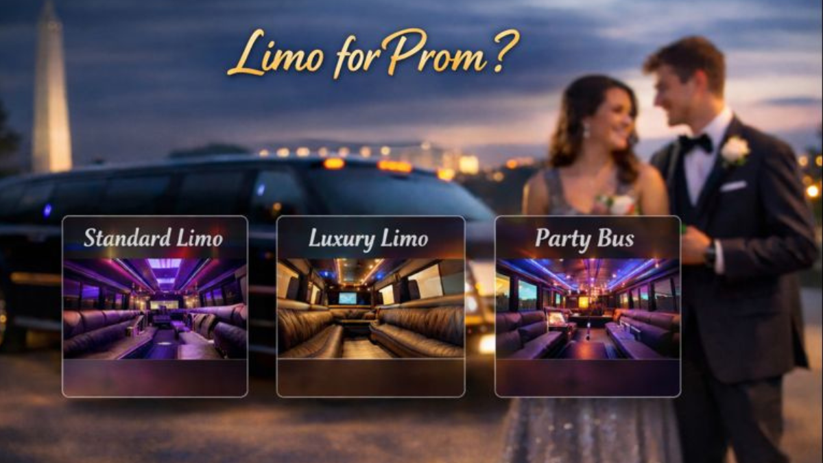 Prom limo rental options including Standard Limo, Luxury Limo, and Party Bus with elegant interiors and ambient lighting.
